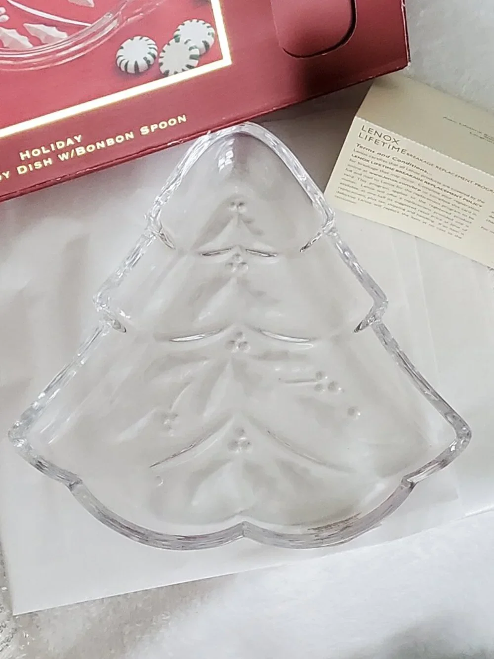 Lenox Crystal Holiday Tree Dish and Bonbon Spoon Set  Vintage in Box!
